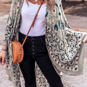 Green Vintage Floral‎ Print Long Split Open Front Kimono